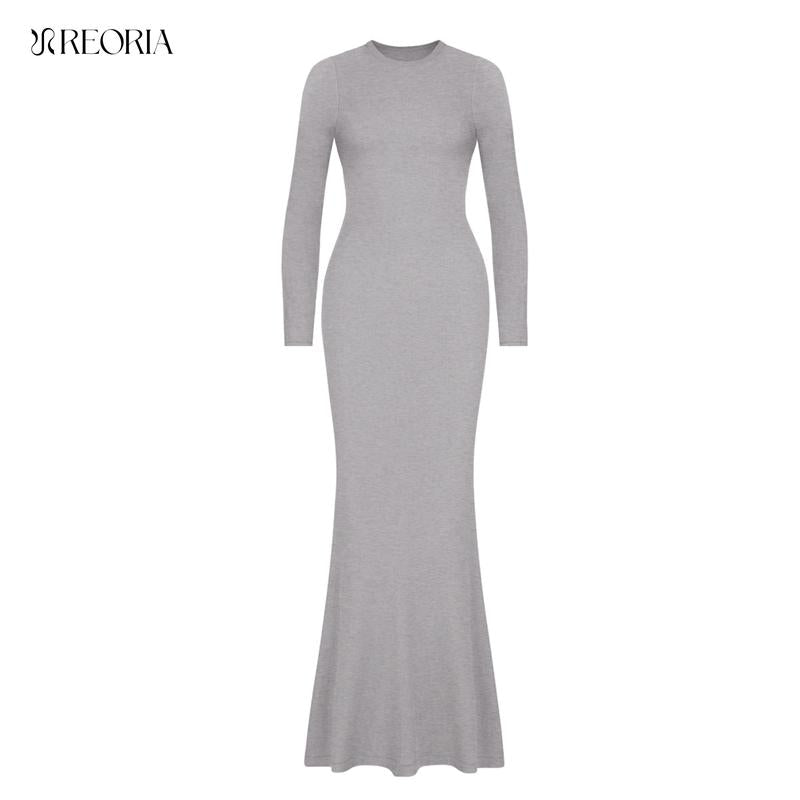 REORIA Women'S Sexy Crew Neck Lounge Long Dress with Fishtail Hem - Machine Washable, Summer Elegant Long Sleeve Ribbed Bodycon Maxi Dresses Spring Layer Casual Womenswear, Elegant & Versatile for Any Occasion